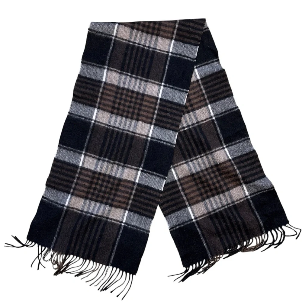 Black Brown 1826 100% Cashmere Black Brown Plaid Woven Scarf 12 X 58